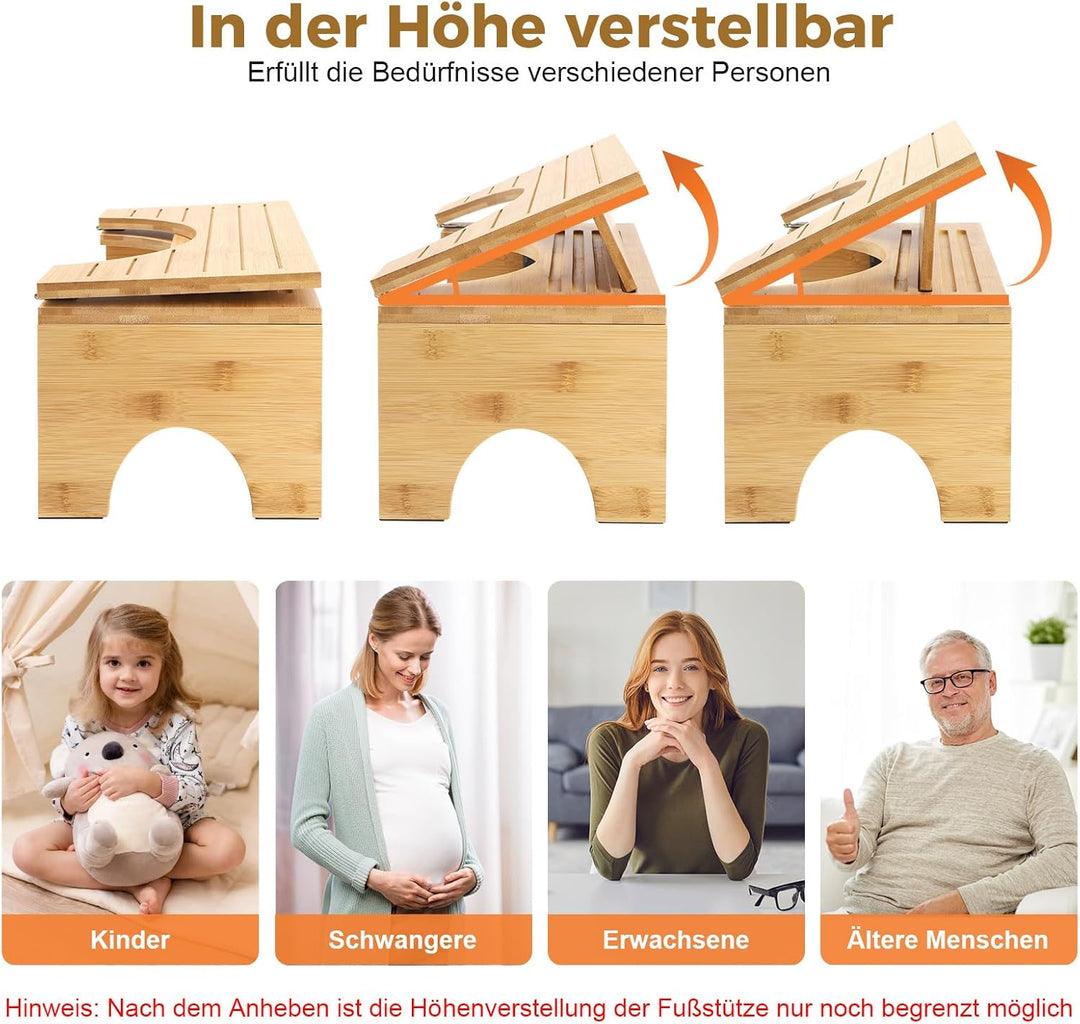 Toilettenhocker Klappbar, Klohocker Aus Bambus, Ergonomischer WC Hocker mit Neigungsverstellung für