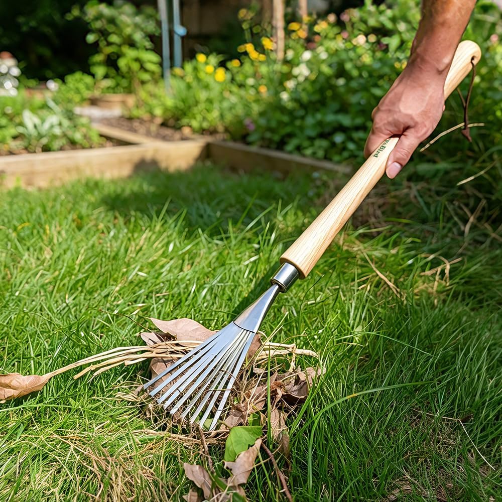 Berry&Bird Hand-Fächerbesen lang 63,2 cm - Rechen mit Stiel aus Eschenholz, Gartenwerkzeug mit 9 Fla