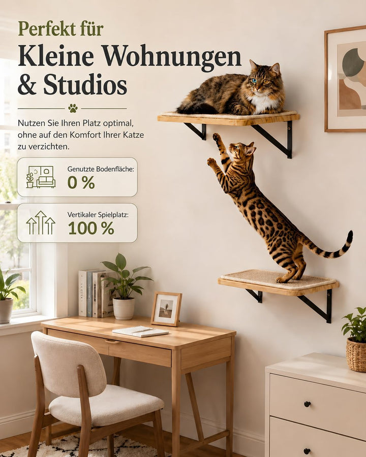 2PC Katzen Kletterwand, Katzenwandmöbel mit Kratzmatte, Wandmontiertes Massivholz Schlafplattform fü
