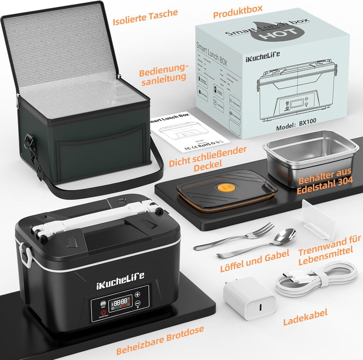 Elektrische Lunchbox Erwachsene mit Akku, 1200ML Beheizbare Lunchbox mit Edelstahlbesteck,Touchscree
