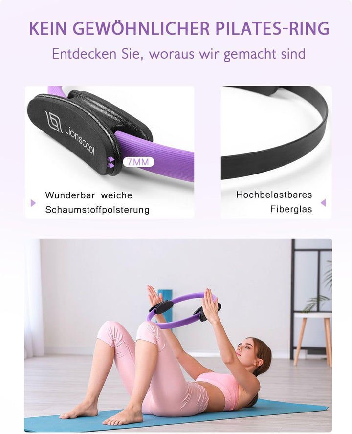 LIONSCOOL Pilates-Ring-Set – 14“/35cm Magic Circle mit Doppelgriffen – Inkl. platzfestem Miniball, W