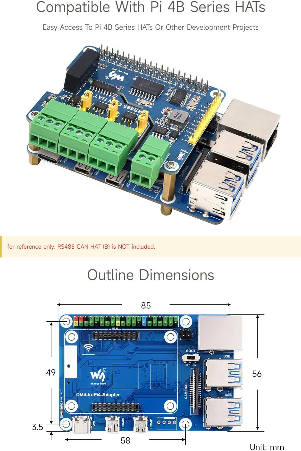 Waveshare CM4-to-Pi4-Adapter for Raspberry Pi CM4, Alternative Solution for Raspberry Pi 4B(Can be U