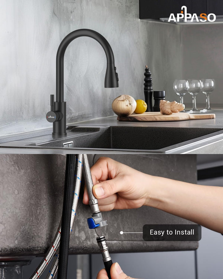 APPASO Wasserhahn Küche Schwarz mit Spülmittelspender, Küchenarmatur Ausziehbar Hochdruck, Mischbatt