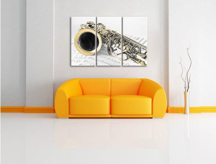 Pixxprint Saxophon auf Notenpapier als Leinwandbild/Grösse: 3 Teilig (120x80 cm) cm/Wandbild/Kunstdr