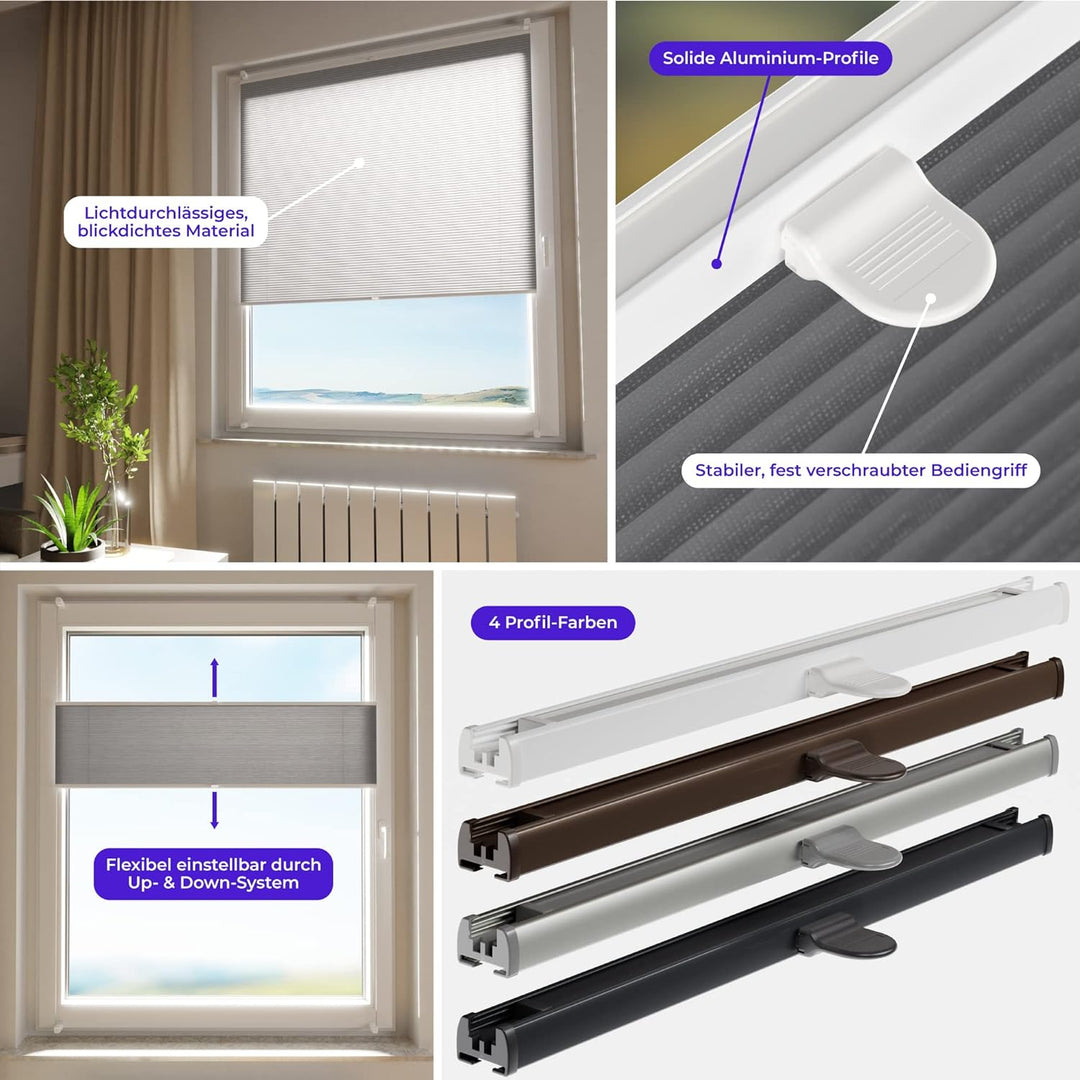 SchattenFreude Wabenplissee nach Mass für Fenster & Tür | Mit Klemmhaltern, Klemmfix | Lichtdurchläs