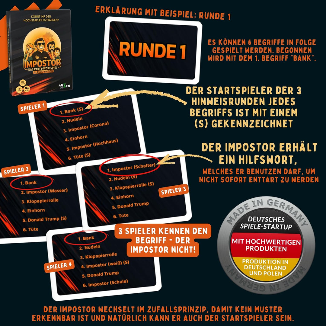IMPOSTOR - Das Party-Wortspiel - Classic-Edition | Imposter Kartenspiel | Könnt ihr den Hochstapler
