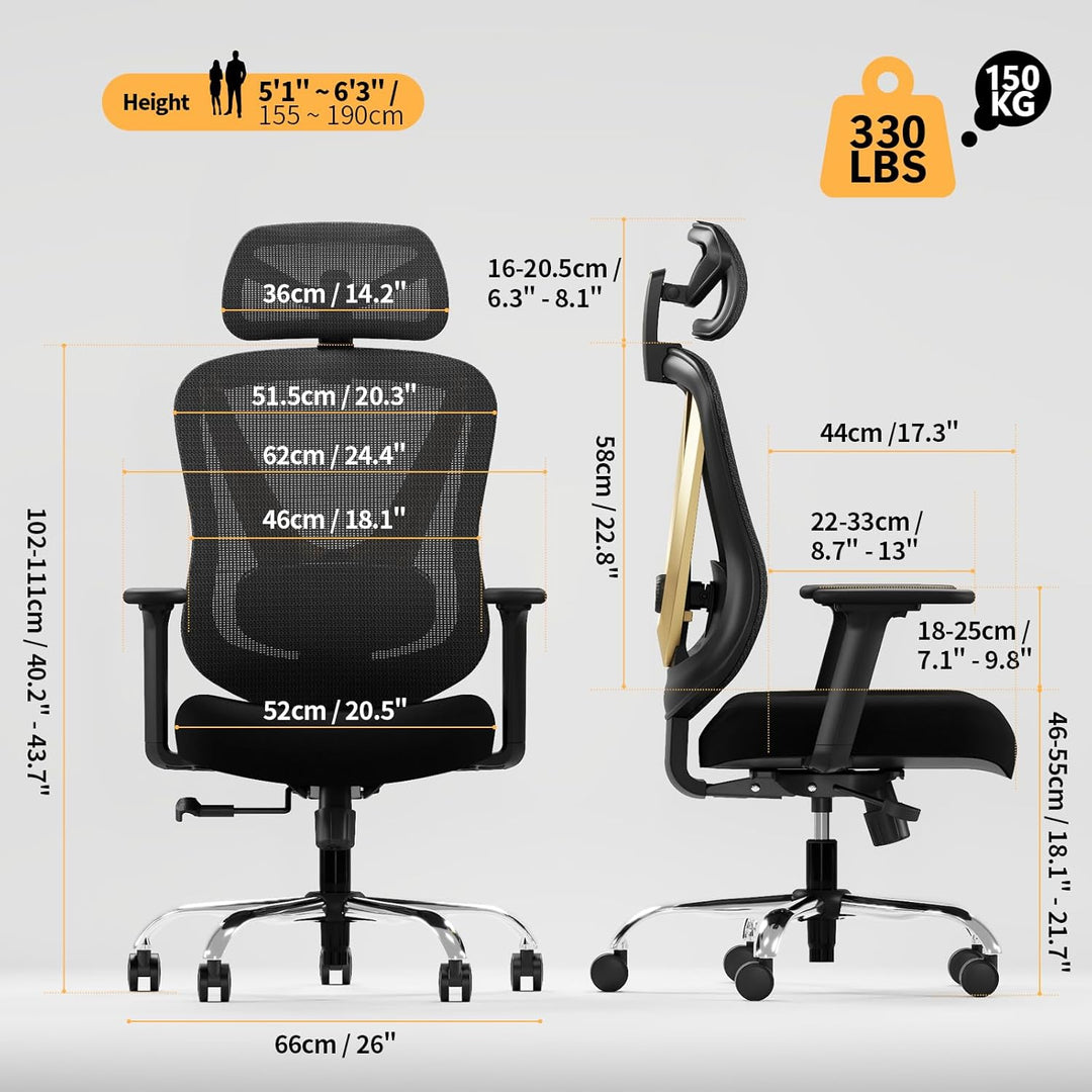 Ergonomischer Bürostuhl mit 3D Lendenstütze & 3D verstellbaren Armlehnen, V-Rücken-Design, Bequemer