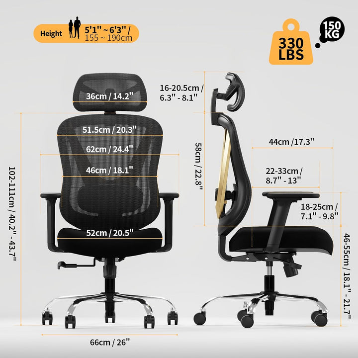 Ergonomischer Bürostuhl mit 3D Lendenstütze & 3D verstellbaren Armlehnen, V-Rücken-Design, Bequemer