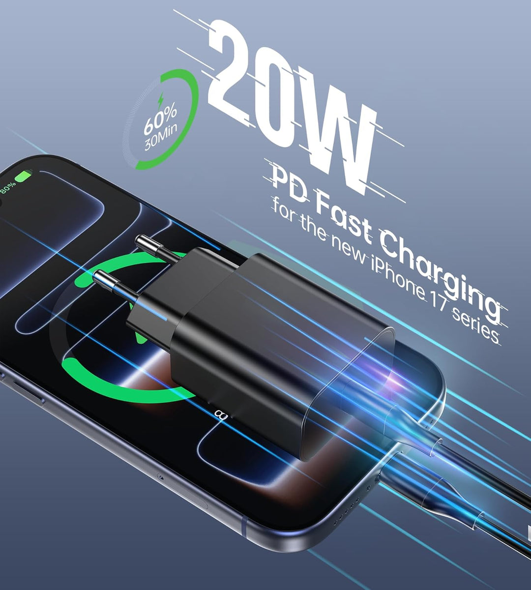 20W USB C Adapter, USB-C Ladegerät kompatibel mit i-Phone 17/16/15/14/13 Plus Pro Max Mini, i-Pad, A