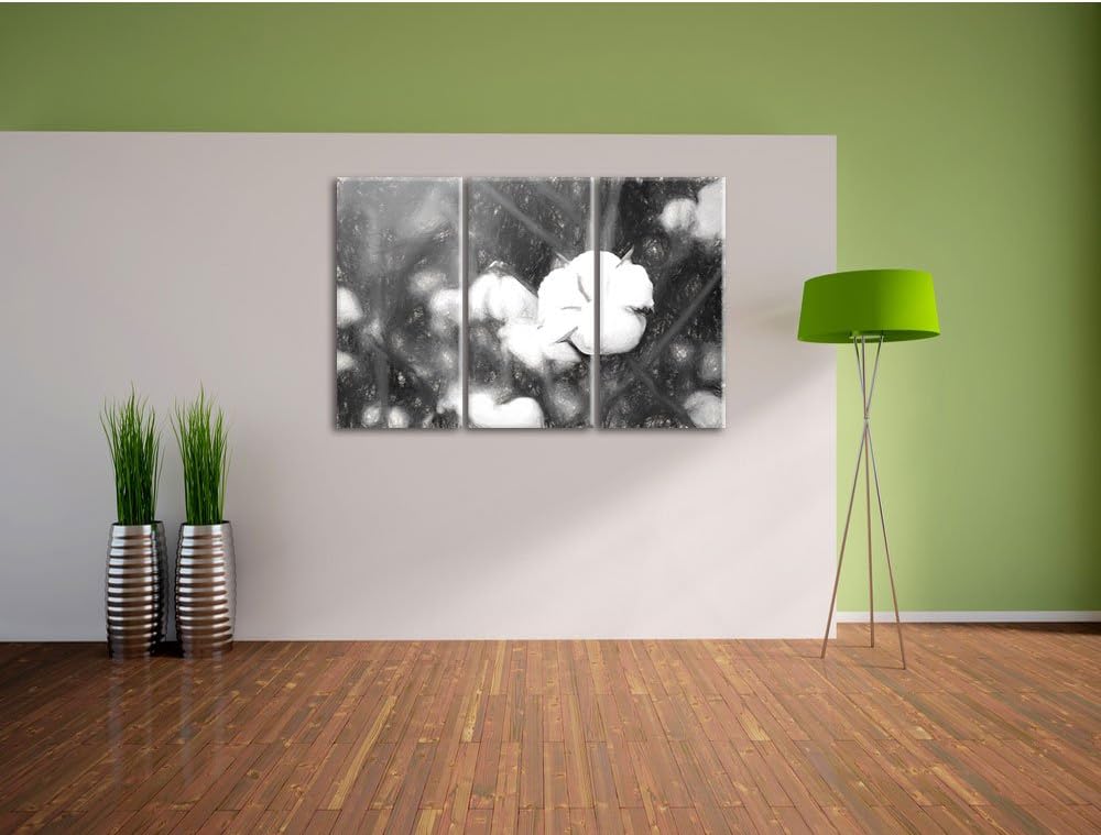Pixxprint eine ausgereifte Knospe voller Baumwolle Kunst Kohle Effekt 3-Teiler Leinwandbild 120x80 B