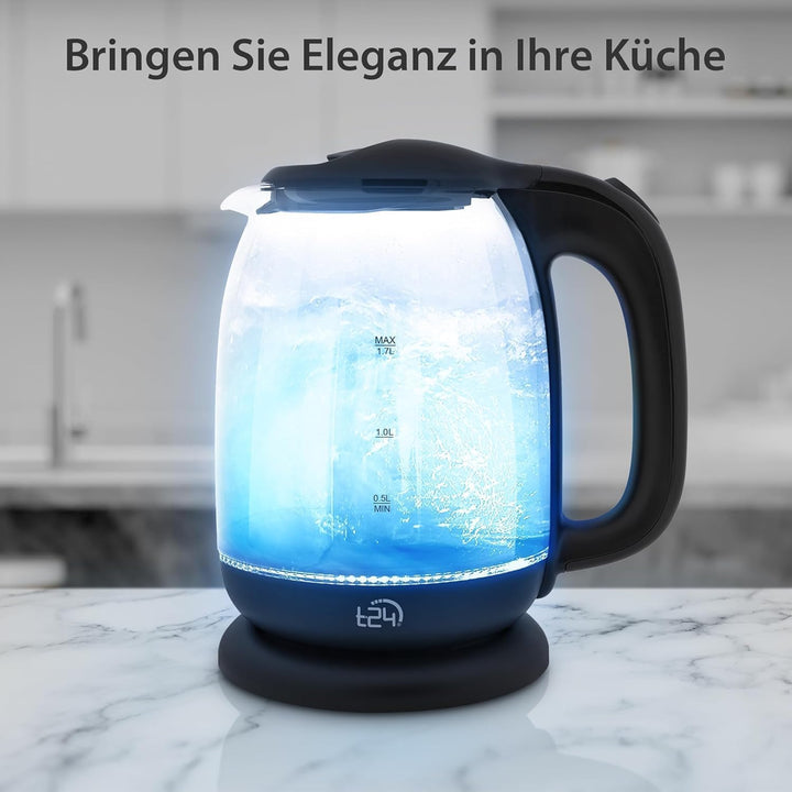 T24 LED Glas Wasserkocher 1,7 Liter mit LED-Beleuchtung in Schwarz | TÜV Rheinland GS Zertifiziert,