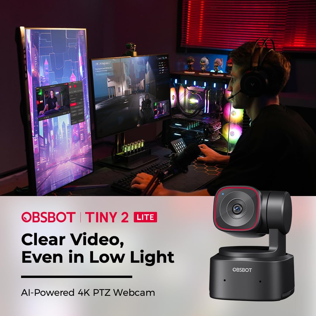 Obsbot Tiny 2 Lite PTZ 4K-Webcam Computerkamera 3840x2160 Pixel USB AI-Tracking Gestensteuerung schw