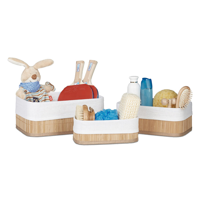 Relaxdays Aufbewahrungskorb 3er Set, Stoffbezug, Bambus, rechteckig, Bad, Accessoires, Spielzeug, Al