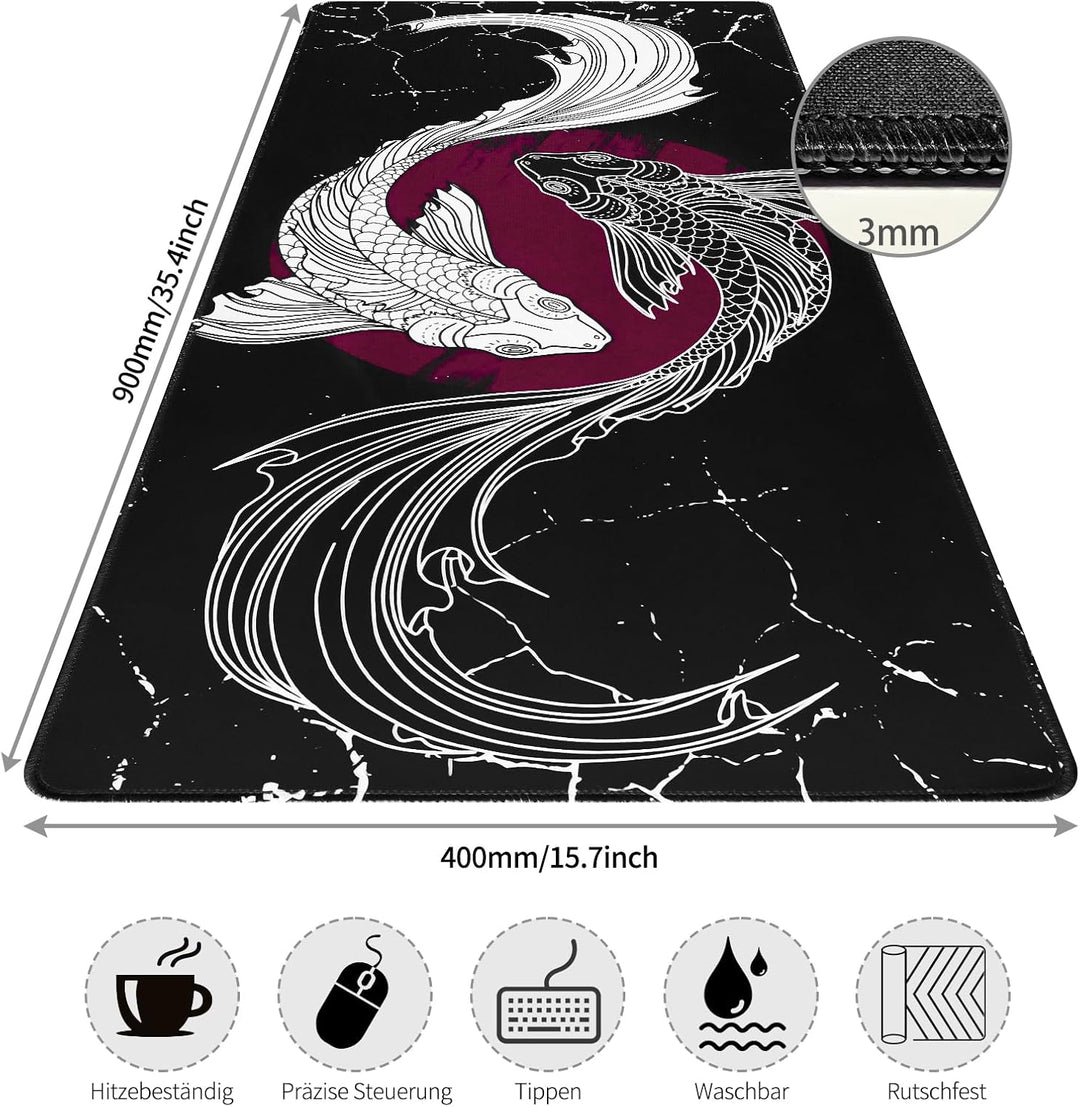 Gaming Mauspad,XXL 900x400mm Tai Chi Fischmuster Mauspad,Anime Mousepad für präzise Maussteuerung,St