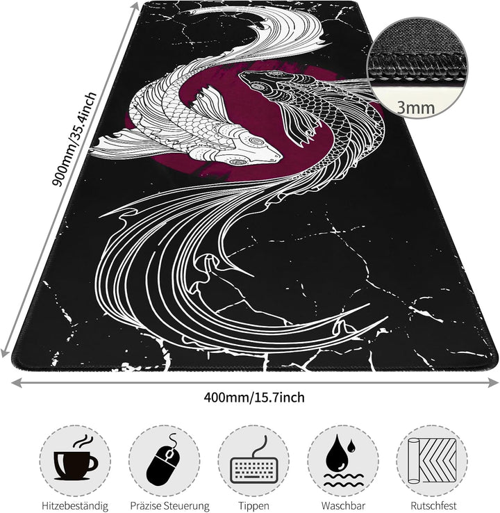 Gaming Mauspad,XXL 900x400mm Tai Chi Fischmuster Mauspad,Anime Mousepad für präzise Maussteuerung,St