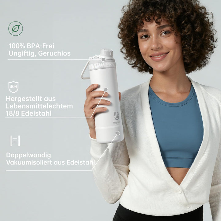 magcheer Isolierte Edelstahl Trinkflasche 1L mit Griff | BPA-Frei &amp; Auslaufsichere Isolierte Thermos
