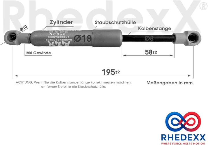 2 Stück Gasdruckfeder (SOFT OPEN) 195mm 150N-500N Kompressionsfedern RhedexX® Ersatzteil für Kessebö