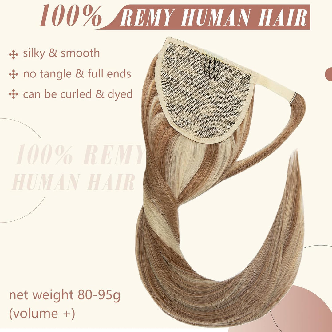Elailite Ponytail Extension Echthaar #12P613 Goldbraun mix Bleichblond, Haarverlängerung Zopf Haarzo