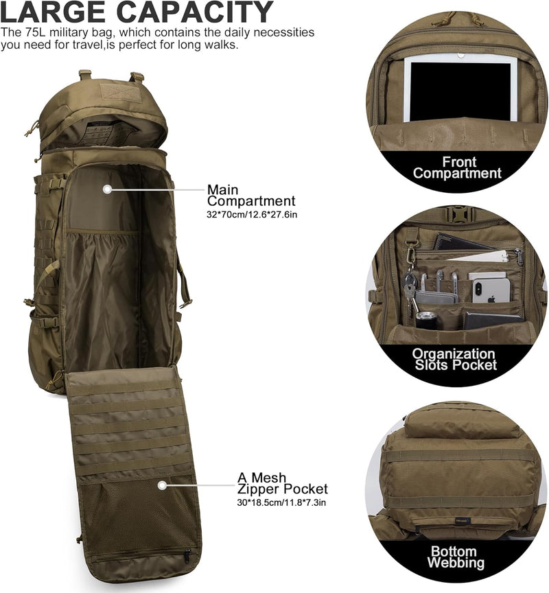 Mardingtop 75L Rucksack Taktischer Rucksack Wanderrucksack Trekkingrucksack YKK Zipper mit der gross