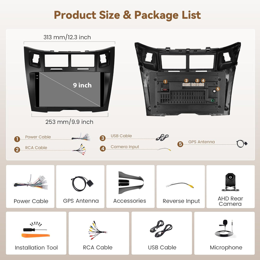 Hikity Android 15 4+128GB Autoradio für Toyota Yaris/Vitz 2005-2011 mit 9 Zoll Incell Touchscreen, A