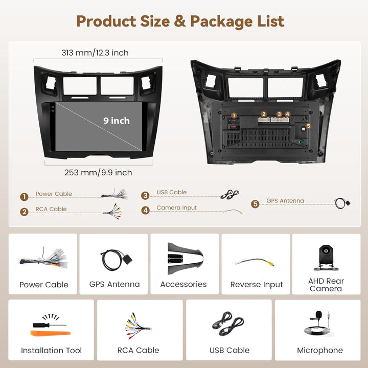 Hikity Android 15 4+128GB Autoradio für Toyota Yaris/Vitz 2005-2011 mit 9 Zoll Incell Touchscreen, A