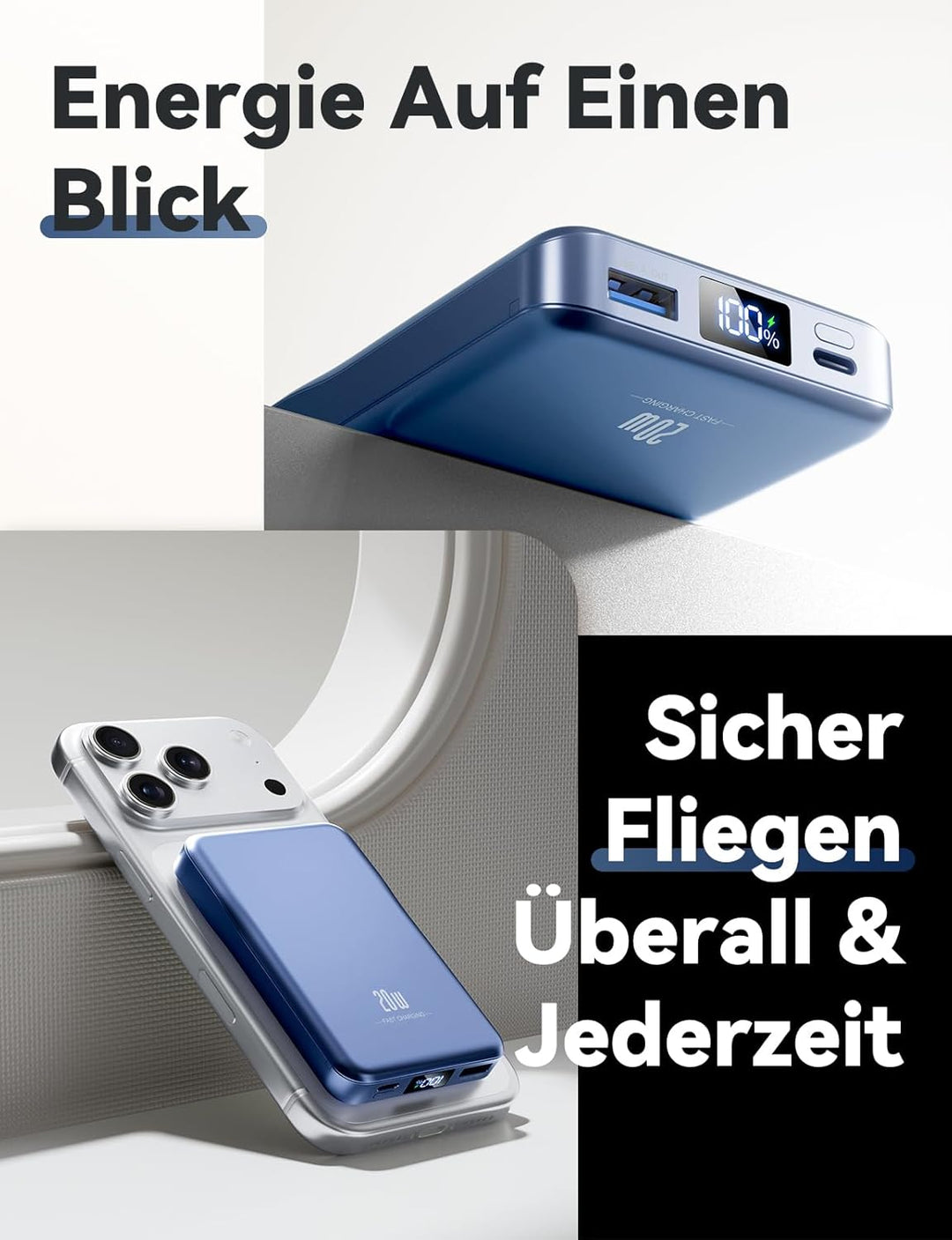 Powerbank für MagSafe 10000mAh, Magnetische Powerbank ohne Kabel, 20W PD Schnellladegerät, Kabellos