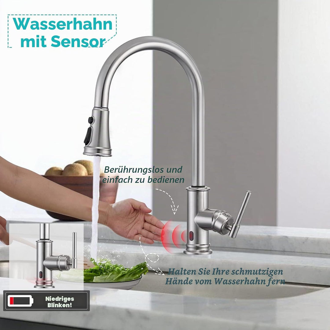 Wasserhahn Küche Touchless Sensor, Hochdruck Küchenarmatur mit Brause Ausziehbar Armatur Smart, Misc