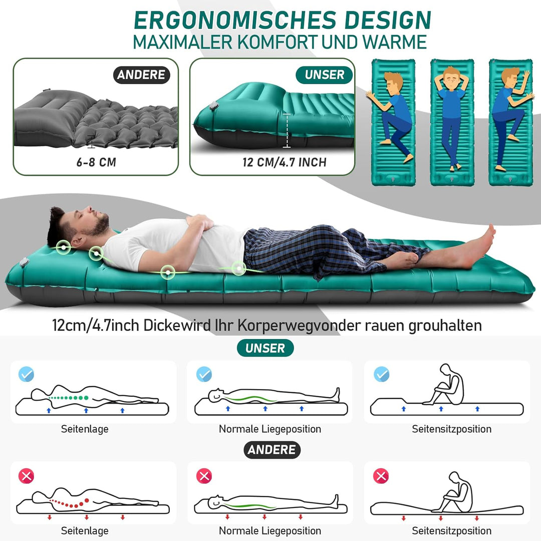 JEMULICE Isomatte Selbstaufblasend, 12CM Hoch Luftmatratze Camping Kleines Packmass, Aufblasbare Mat