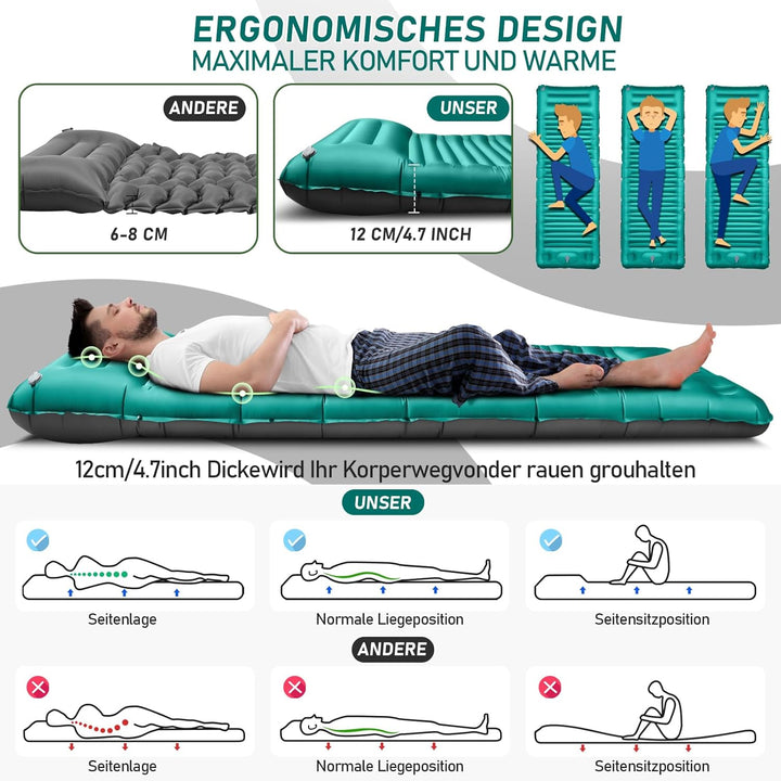 JEMULICE Isomatte Selbstaufblasend, 12CM Hoch Luftmatratze Camping Kleines Packmass, Aufblasbare Mat