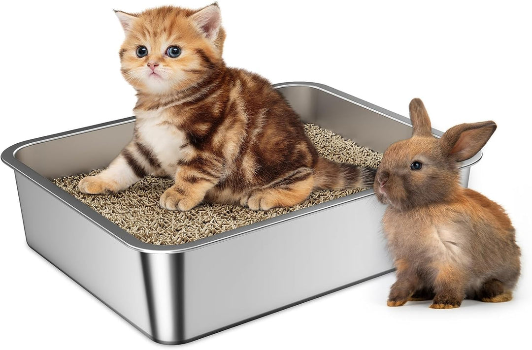 Barhon Katzenklo Edelstahl 45 × 35 × 10 cm, Katzentoilette Edelstahl für Grosskatzen mit hoher Seite