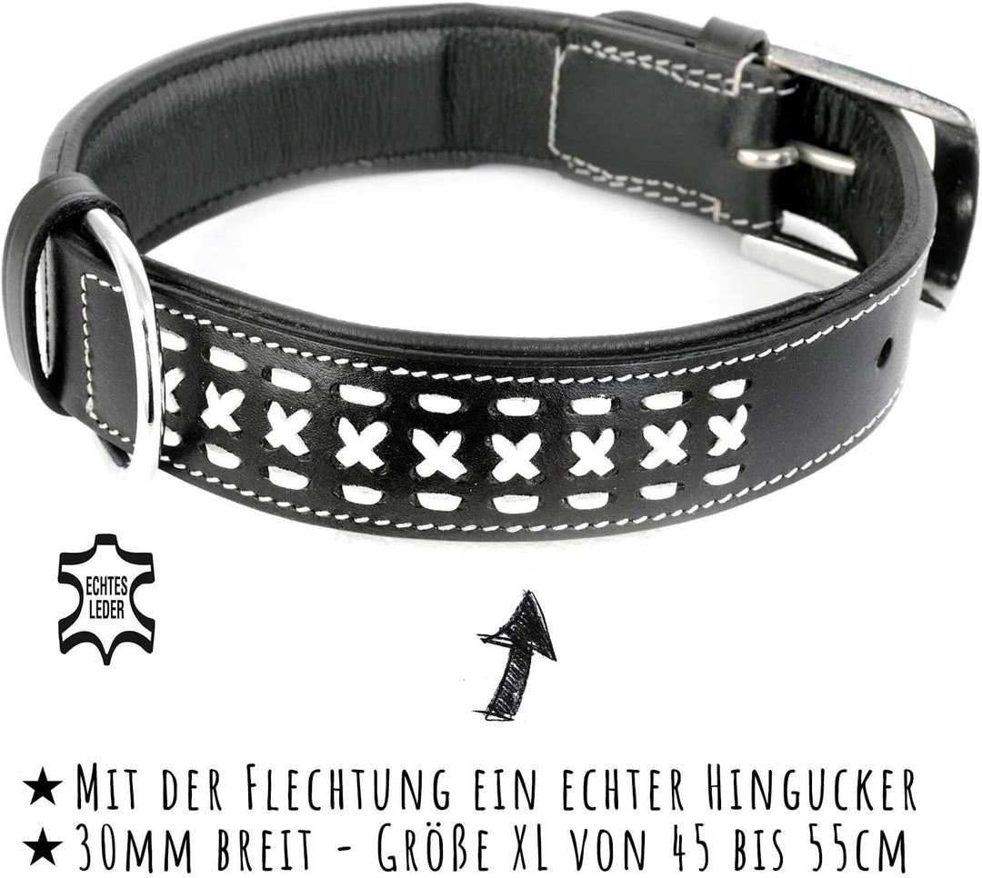 Monkimau Halsband für Hunde aus echt Leder mit Zierflechtung gepolstert verstellbar XL 45-55 cm L: 3
