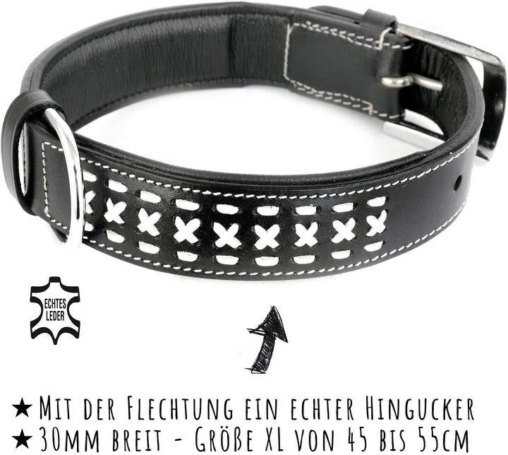 Monkimau Halsband für Hunde aus echt Leder mit Zierflechtung gepolstert verstellbar XL 45-55 cm L: 3