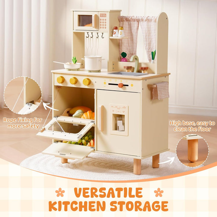 ROBUD Kinderküche aus Holz – Spielküche mit Kühlschrank, Eiswürfelspender, Backofen &amp; Zubehör, Rolle
