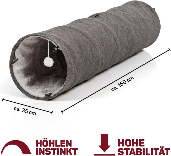 CanadianCat Company | XXL Spieltunnel für Katzen mit Kuschelfell | grau | ca. 35 x 150 cm - Variable