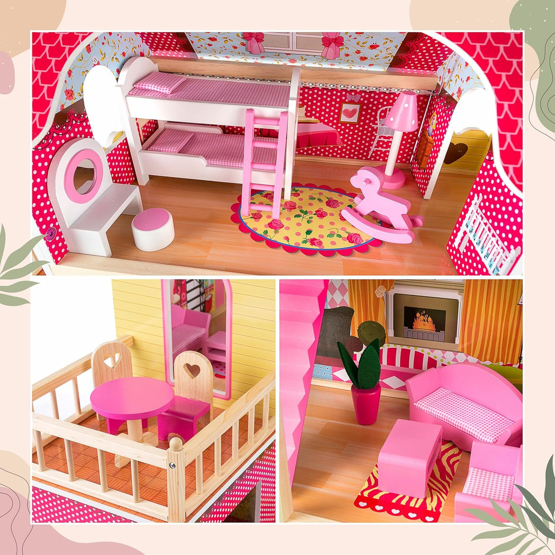Kinderplay Puppenhaus Holz Gross, Puppenvilla, Puppenhaus Holz Gross komplett - Barbie Traumvilla, B