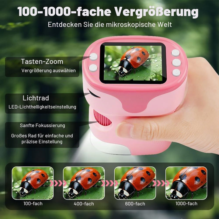 AXFEE Mikroskop für Kinder, 1000X Tragbares Taschenmikroskop mit LED, Mini-Mikroskop mit 2,0" LCD-Di
