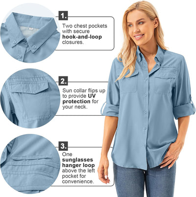 Asfixiado Damen Hemdbluse UV Shirt UPF 50+ Safari Kleidung Wanderbluse Damen Outdoor Cooling Quick D