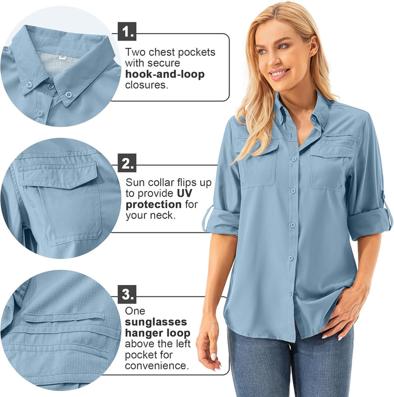 Asfixiado Damen Hemdbluse UV Shirt UPF 50+ Safari Kleidung Wanderbluse Damen Outdoor Cooling Quick D