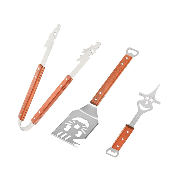 Grillbesteck Set 3-teilig aus Edelstahl mit Holzgriffen, Grillzubehör mit Grillwender, Grillzange un