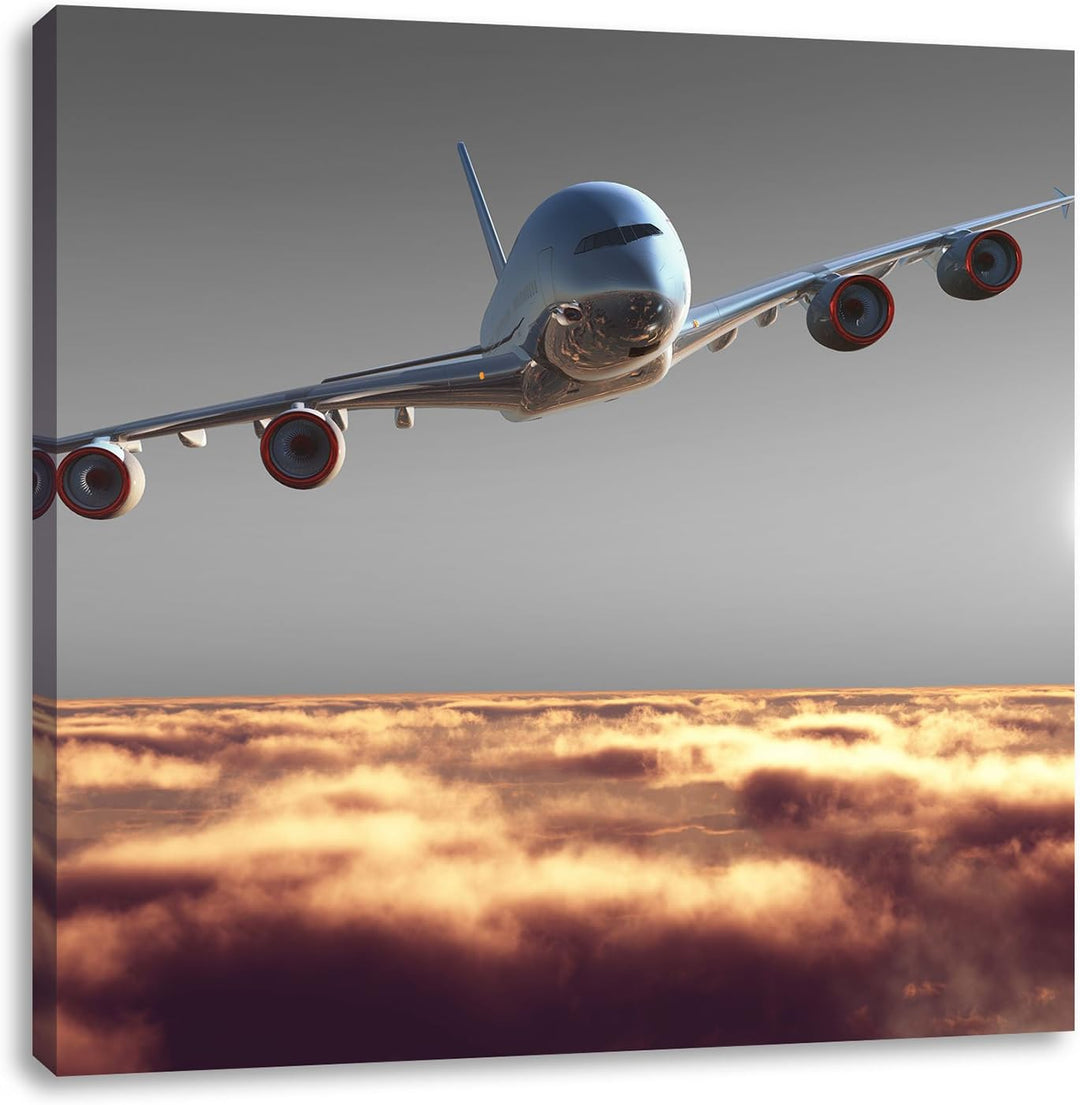 Pixxprint Flugzeug über Wolken 70x70cm Leinwandbild Wandbild Kunstdruck, 70x70