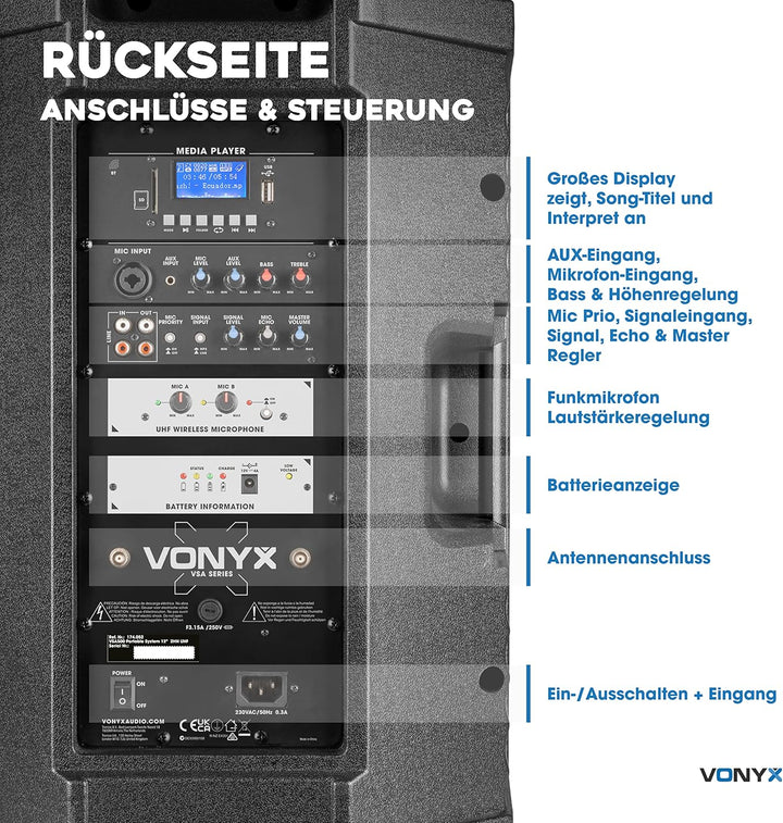 Vonyx VSA500-BP Partybox Bluetooth Lautsprecher Gross, 800 Watt, Akku 8 Std. Headset mit Ansteckmikr