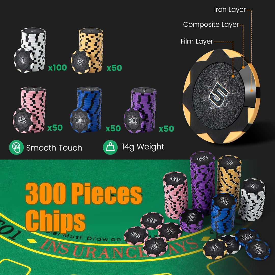 HOMASIS Pokerset Profi Deluxe 300/600 Laserchips, Alu Pokerkoffer mit 2/6 Kartendecks, 5 Würfeln, 3