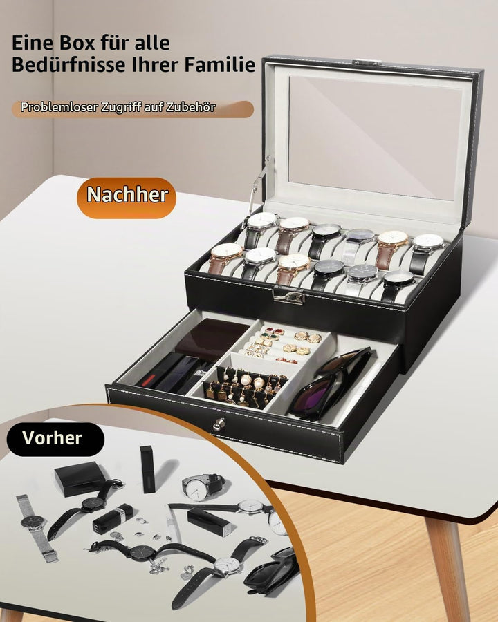 Uten Uhrenbox 12 Uhren, Uhrenkasten Herren, Schmuckkästchen Damen, Uhrenkoffer mit Schublade, Schlüs