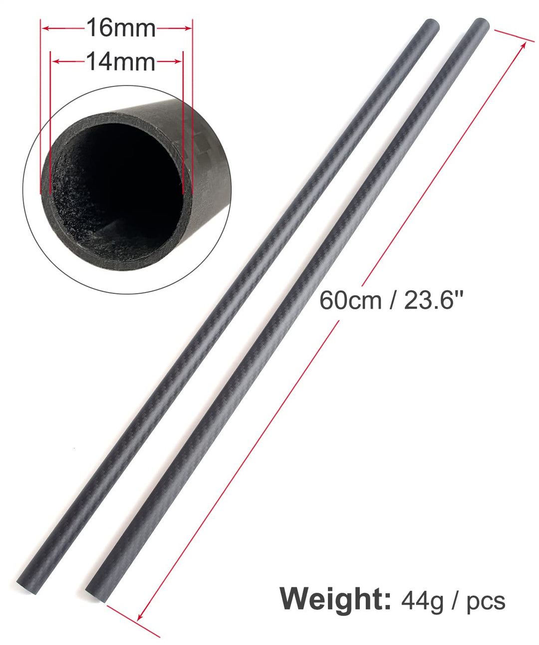 2 Stück 600 mm Länge Kohlefaserrohr 16 x 14 x 600 mm, 10/12/22/25/30/35 mm erhältlich, 3K Rolle gewi
