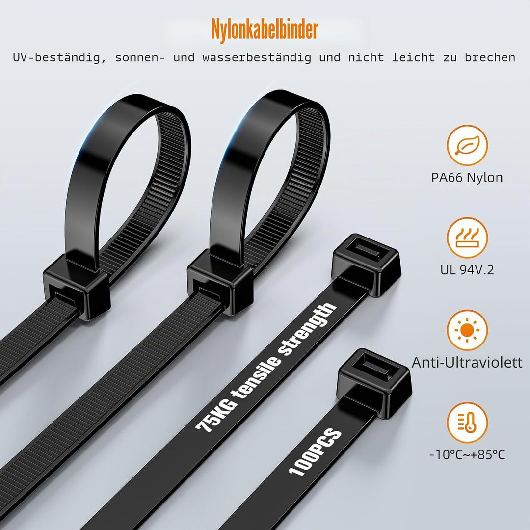 NORSHY Kabelbinder Schwarz Wiederverschliessbar 500 mm x 7,6 mm, Cable Ties UV-Beständig 75KG Ultra