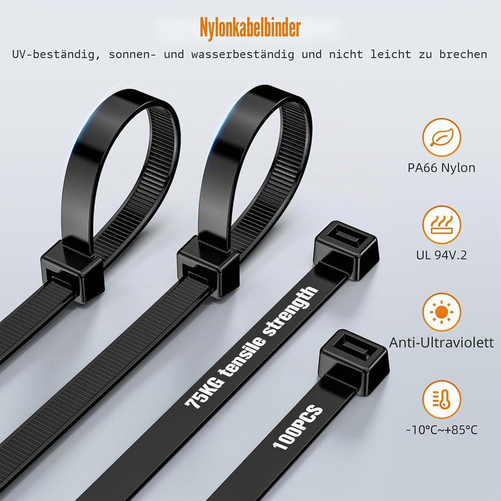 NORSHY Kabelbinder Schwarz Wiederverschliessbar 500 mm x 7,6 mm, Cable Ties UV-Beständig 75KG Ultra
