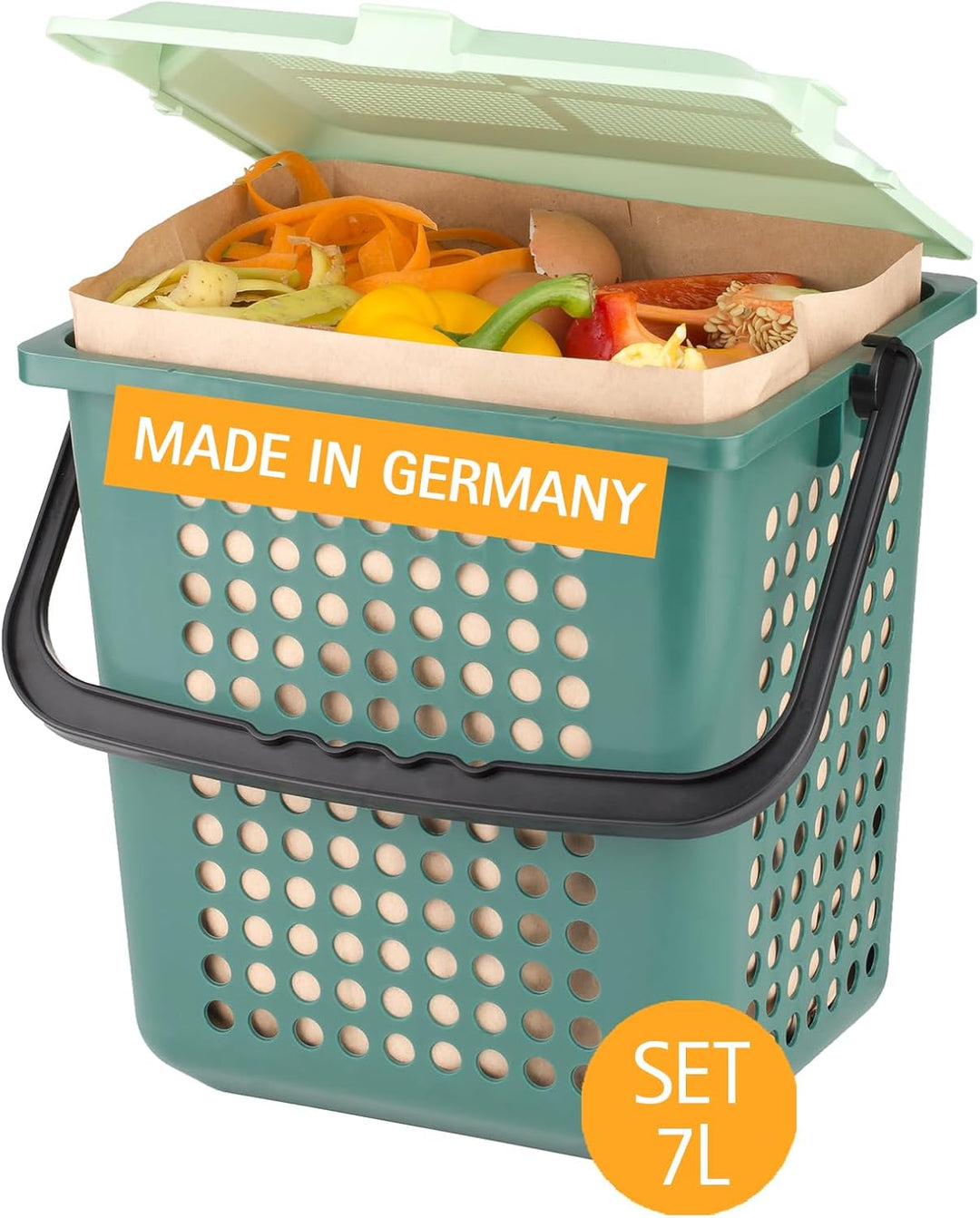 bioMat AirBox Biomülleimer Küche, inkl. 7l Kompostierbare Papierbeutel (80 Tüten), Reduziert Gerüche