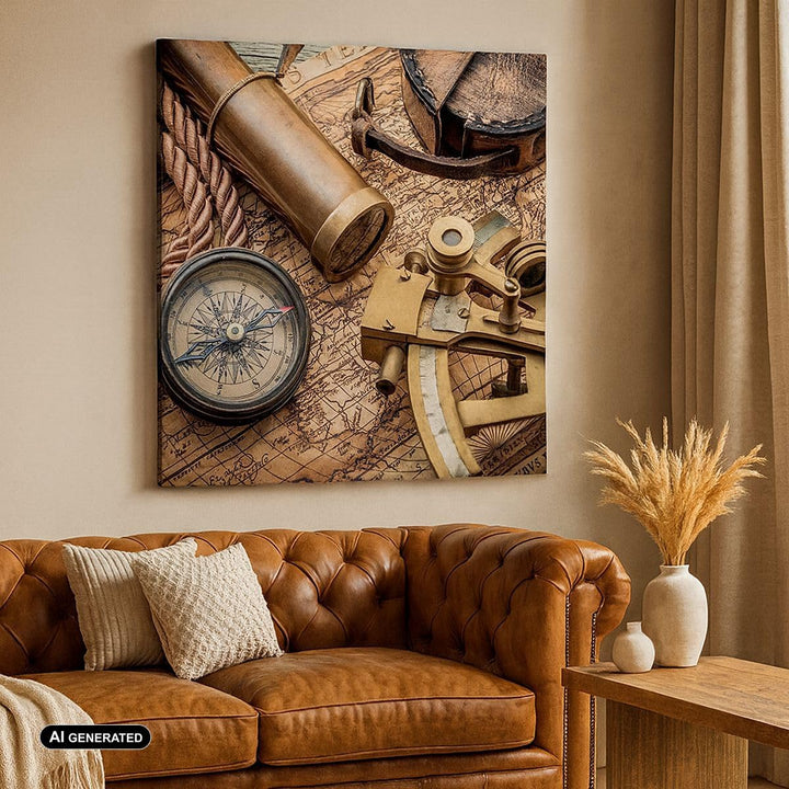 Bilder auf Leinwand 70x70cm Leinwandbild mit Rahmen Kompass Kompass Karte Gross Wanddeko Bild Schlaf