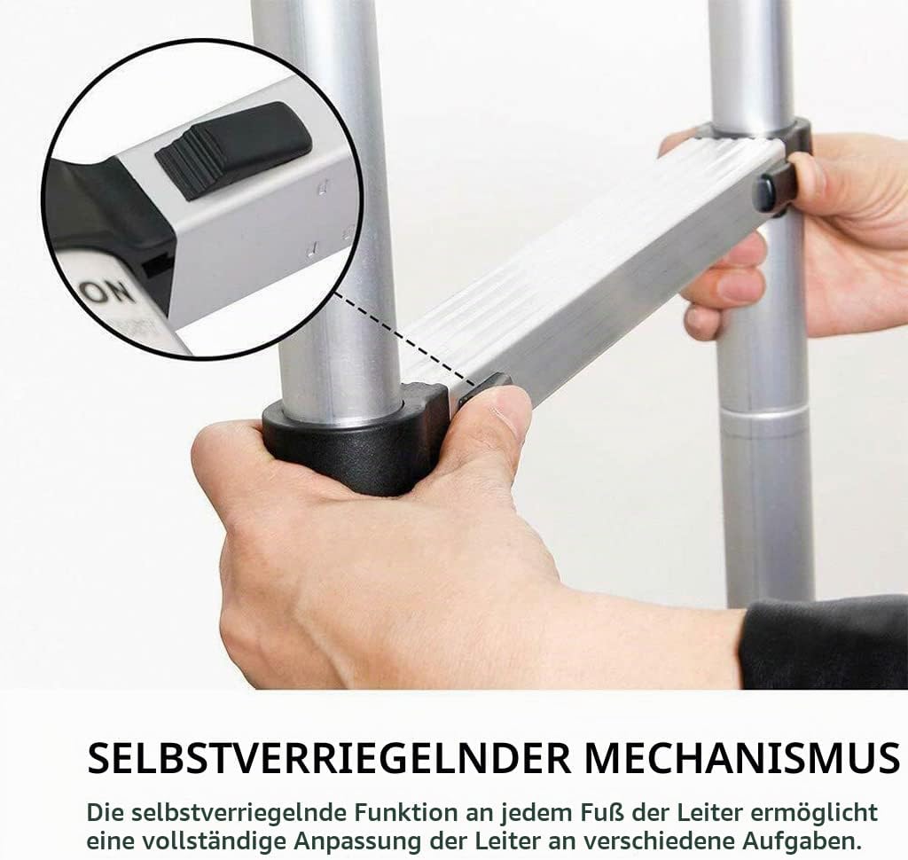 2.6m Teleskopleiter aus hochwertigem Edelstahl, 9 Stufen Ausziehleiter Rutschfester Klappleiter Steh
