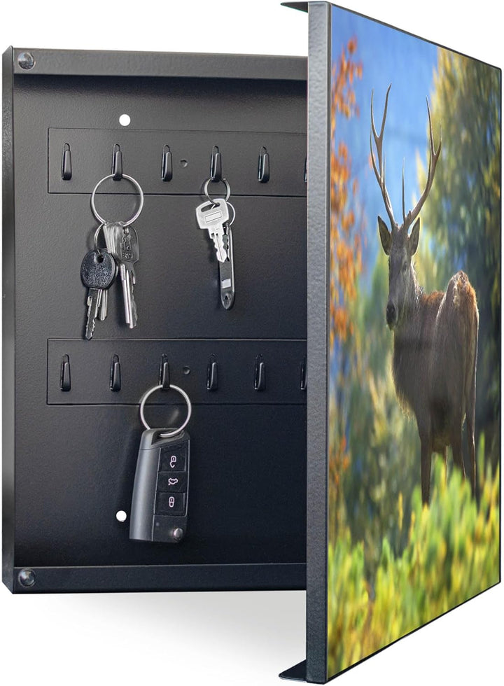 banjado® Grosser Schlüsselkasten Glas/Schlüsselbox 30cm x 30cm mit 50 Haken - Motiv Hirsch/Schlüssel